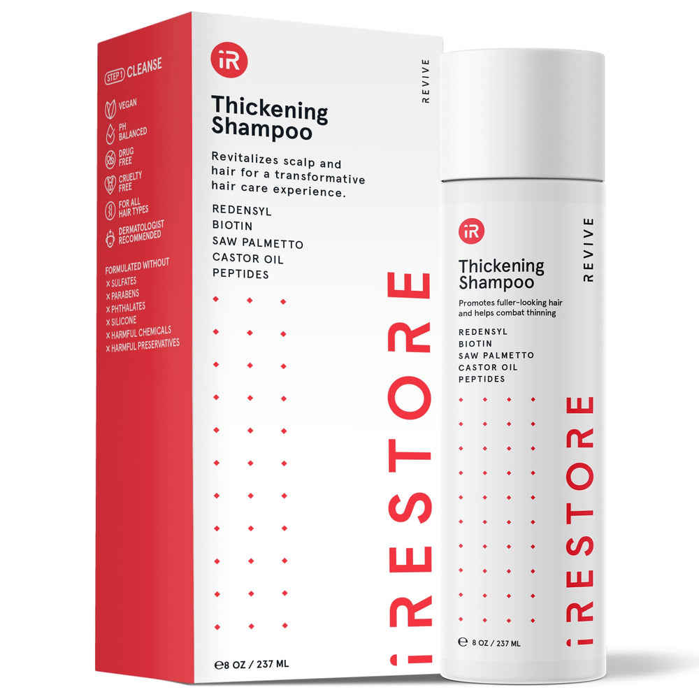 irestore bottle front view showing biotin shampoo for thinning hair care