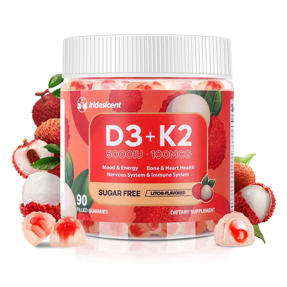 Iridesicent Vitamin D3 K2 gummies bottle for daily bone support.