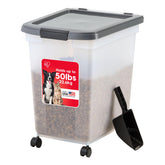 IRIS USA dog food container with rolling wheels for easy transport.