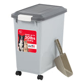 IRIS USA dog food storage container with wheels for easy mobility to the feeding area.