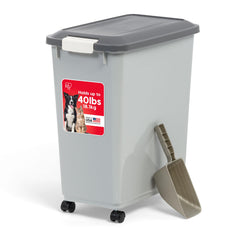 IRIS USA dog food storage container with wheels for easy pantry-to-feeding-area transport.