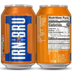 IRN-BRU Original can pour closeup highlights crisp fizz and citrus notes.
