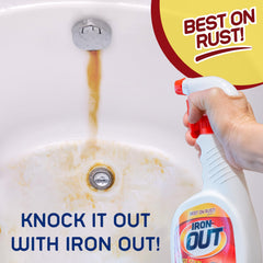 Iron OUT in a bathroom shower showing fast action without scrubbing