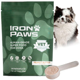 Iron Paws peanut butter greens powder bottle supports daily dog vitality