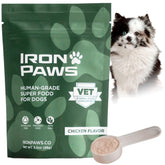 Iron Paws superfood powder front of tub highlighting nutrient-dense formula for dogs' daily vitality.