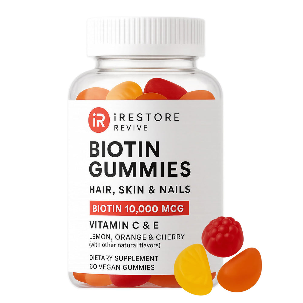 iRestore Biotin Gummies orange bottle offers tasty natural flavors for daily beauty support.
