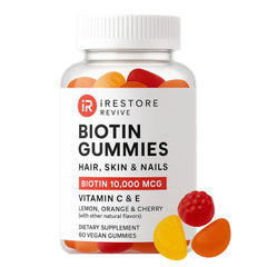 iRestore Biotin Gummies orange bottle offers tasty natural flavors for daily beauty support.