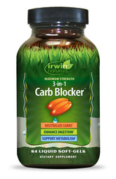 Irwin Naturals Maximum Strength 3-in-1 Carb Blocker bottle supports carb management during meals.