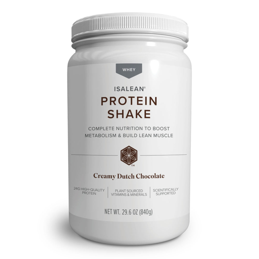 Isagenix IsaLean creamy Dutch Chocolate bottle for balanced meal replacement.