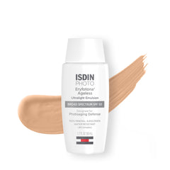 ISDIN Eryfotona Ageless SPF 50 tinted bottle showing mineral protection and natural finish.