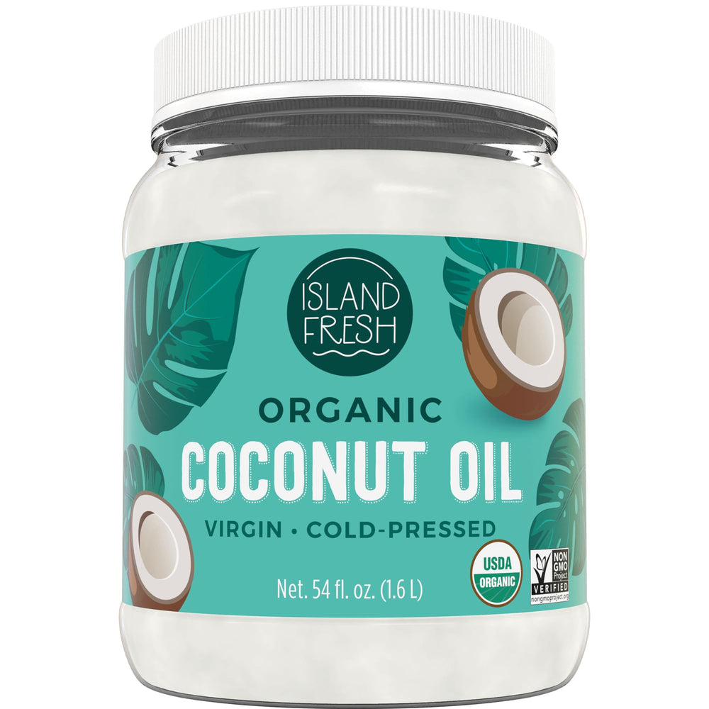 Island Fresh Coconut Oil bottle pour highlights tropical aroma for versatile cooking.