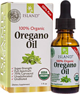 Island Nutrition oregano oil drops bottle highlights high carvacrol content for immune support.