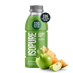 Isopure Apple Melon flavor nutrition panel highlights 0 g sugar and 32 g protein per bottle.