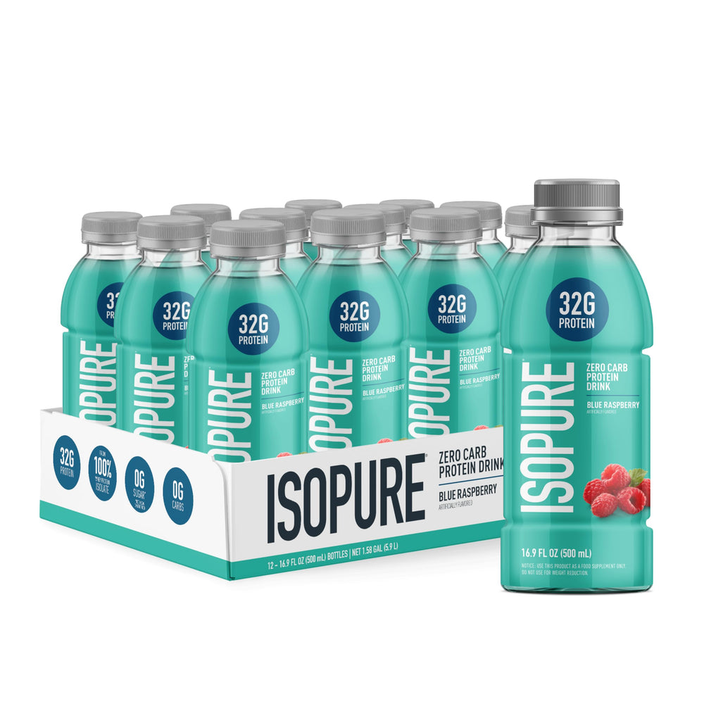Isopure Blue Raspberry bottle pour highlighting 32g protein, zero sugar, on-the-go