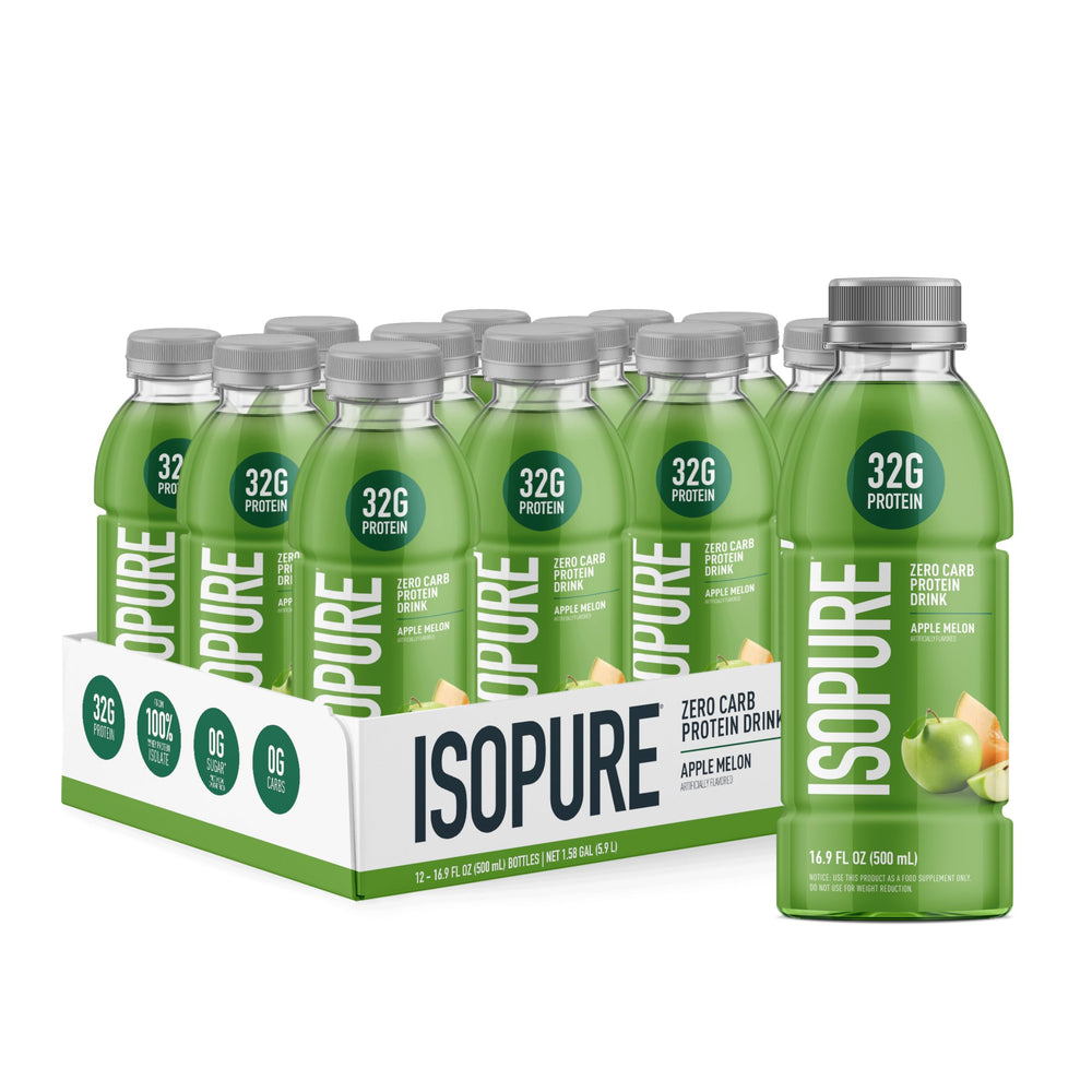Isopure Clear Protein Apple Melon bottle front, a refreshing, low-calorie option for active, post-workout moments.