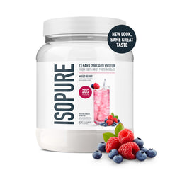 Isopure Clear Whey Isolate being poured into a glass for a light protein boost