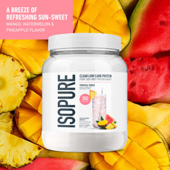 A pour of Isopure Tropical Punch reveals a light, clear drink with no artificial sweeteners.