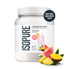 Isopure Clear Whey Isolate Tropical Punch shaker highlights easy post-workout hydration with 20g protein.