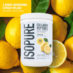 Isopure Collagen Peptides Lemonade shake in glass with hair and nails in mind.