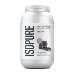 Isopure Cookies & Cream whey protein powder tub for high-protein shakes