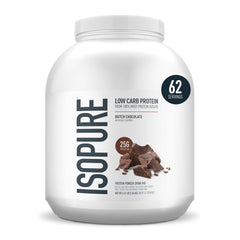 Isopure Dutch Chocolate container showing high-protein whey isolate per serving.
