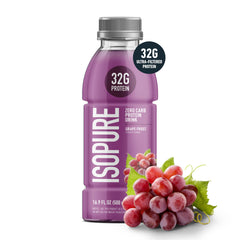 Isopure Grape Frost being poured, showcasing a refreshing hydration option after training.
