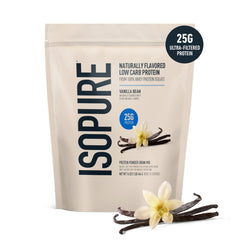Glass of Isopure Vanilla Bean shake highlighting high protein content.