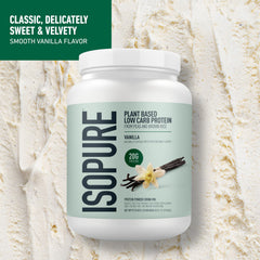Isopure plant-based vanilla scoop on kitchen counter