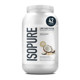 Isopure Toasted Coconut whey powder tub ready for quick shakes.