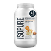 Isopure Vanilla Salted Caramel whey powder jar shows high-protein nutrition in a sleek container.
