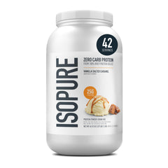 Isopure Vanilla Salted Caramel whey powder jar shows high-protein nutrition in a sleek container.
