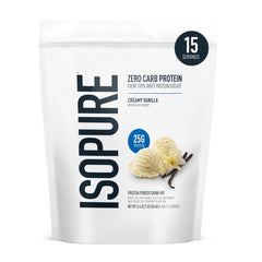 Isopure Zero-Carb Whey Isolate Vanilla container with clear protein content.