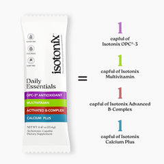 Isotonix Daily Essentials bottle and sachets on a kitchen counter suggest portability.
