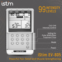 ISTIM EV-805 electrode pads 24 provide versatile coverage for multiple treatment areas.