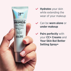 IT Cosmetics Your Skin But Better Primer+ pores-refinement look closeup hints at smoother skin.