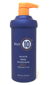 Its A 10 Miracle Deep Conditioner Plus Keratin bottle for hydrated, shiny hair.