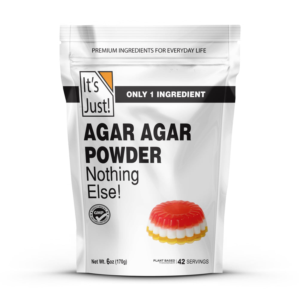 It's Just! Agar agar powder packaging showcases vegan gelatin substitute.