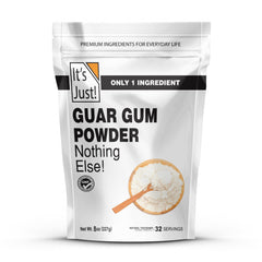 It's Just! Guar Gum bottle closeup, a gluten-free thickener for cold desserts.