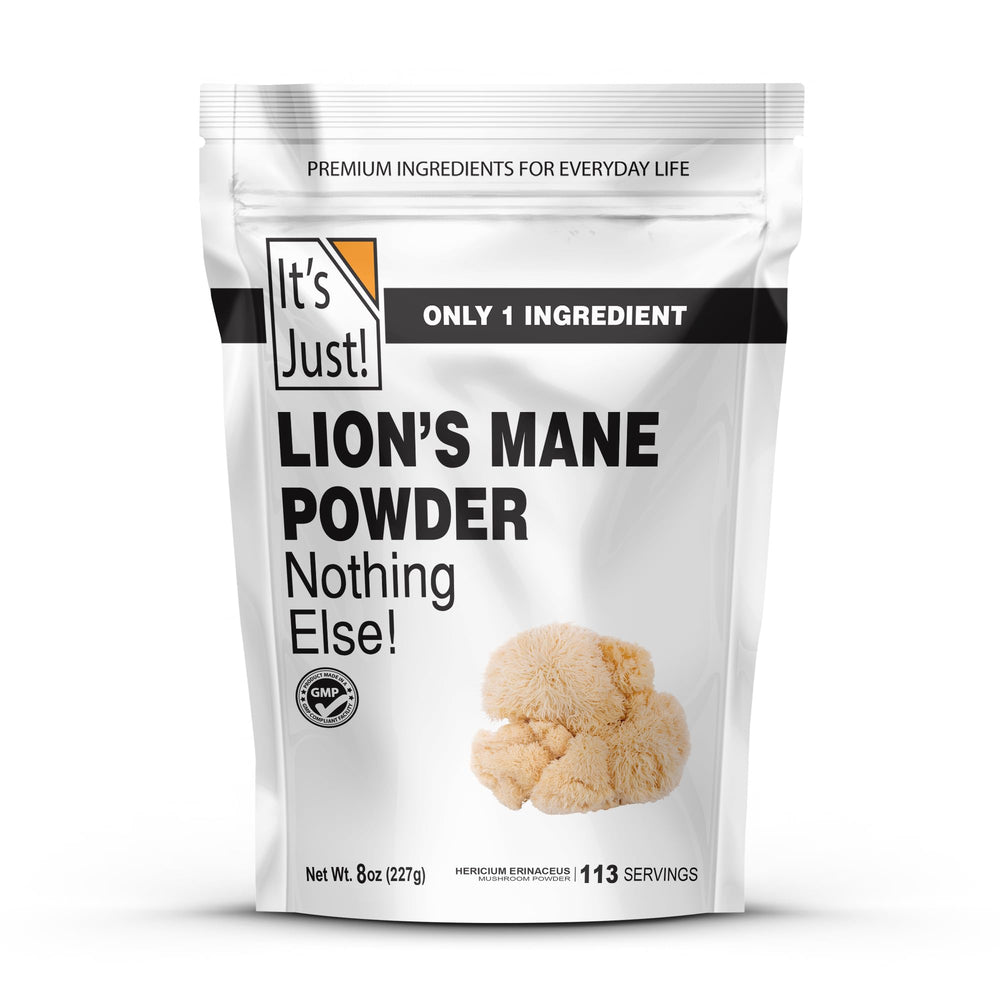 Its Just! Lion's Mane powder bottle ready for daily brain-boost routines.
