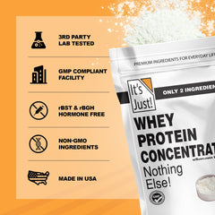 It's Just! whey protein concentrate poured into a glass for a shake.