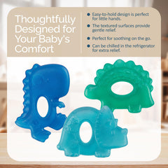 Itzy Ritzy green dinosaur teether with open grip supports small-hand teething sessions.