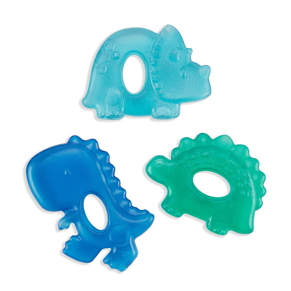 Itzy Ritzy water-filled teether dinosaur green design soothes gums and cools teething discomfort.