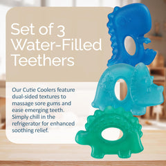 Itzy Ritzy dinosaur teal teether with dual textures eases sore gums during teething.