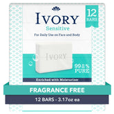 Ivory Sensitive Bar Soap packaging showing fragrance-free formula for family use