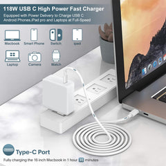 ixcv 118W USB-C charger with 6.6 ft cable extends desk setup flexibility.