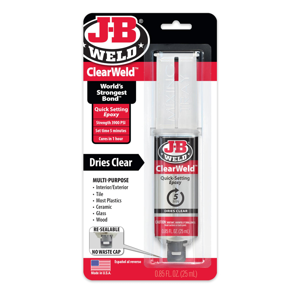 J-B Weld ClearWeld syringe for precise 1:1 mixing and quick application.