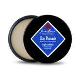 Jack Black Clay Pomade jar front, fragrance-free formula for quick everyday styling.