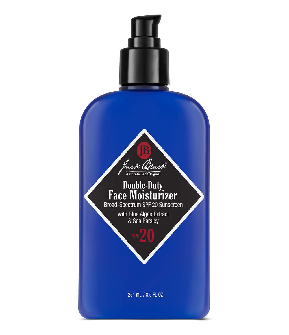 Jack Black Double-Duty moisturizer bottle for daily use with SPF 20 protection.