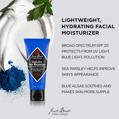 Close-up of Jack Black moisturizer application, highlighting lightweight sunscreen benefits.