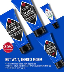 Jack Black Skin Saviors Set face cleanser bottle promotes clear, smooth skin.